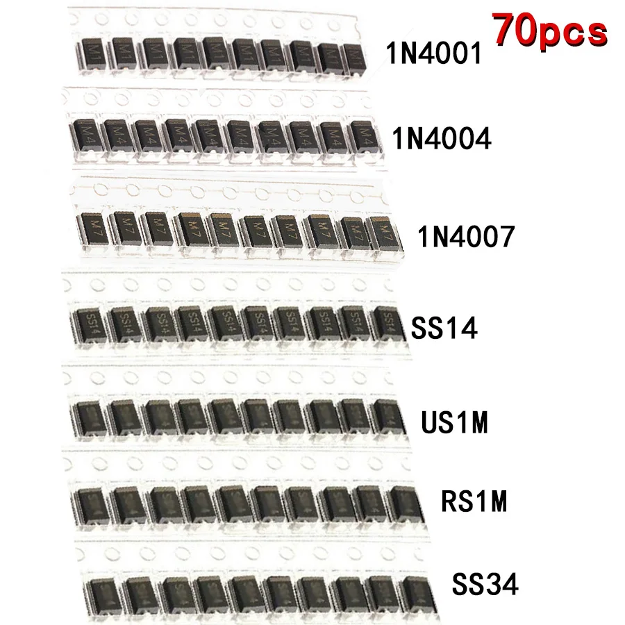 

70pcs/lot SMD M1 1N4001 M4 1N4004 M7 1N4007 SS14 US1M RS1M SS34 7 Values*10pcs KIT schottky diode set kit pack package