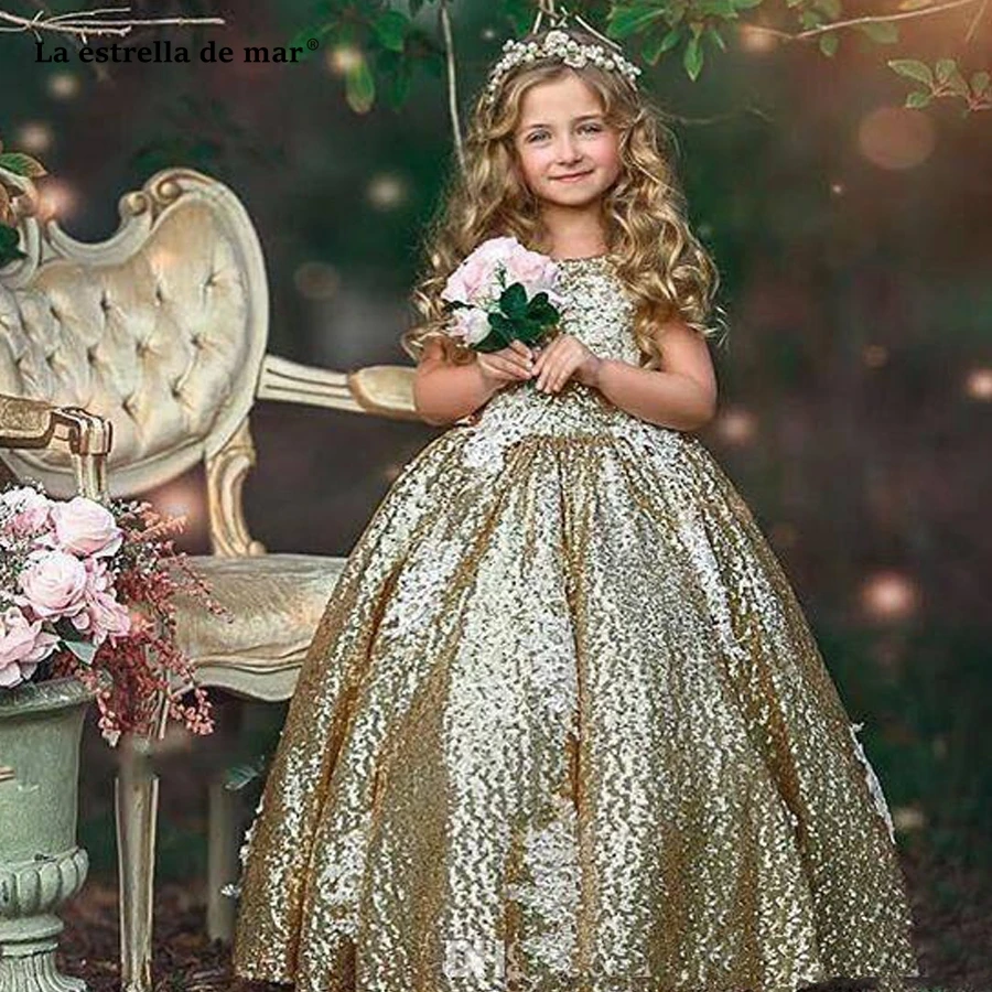 

La estrella de mar vestido de daminha 2019 new O neck halter pearl bow fluffy champagne pink sequins flower girl dresses long