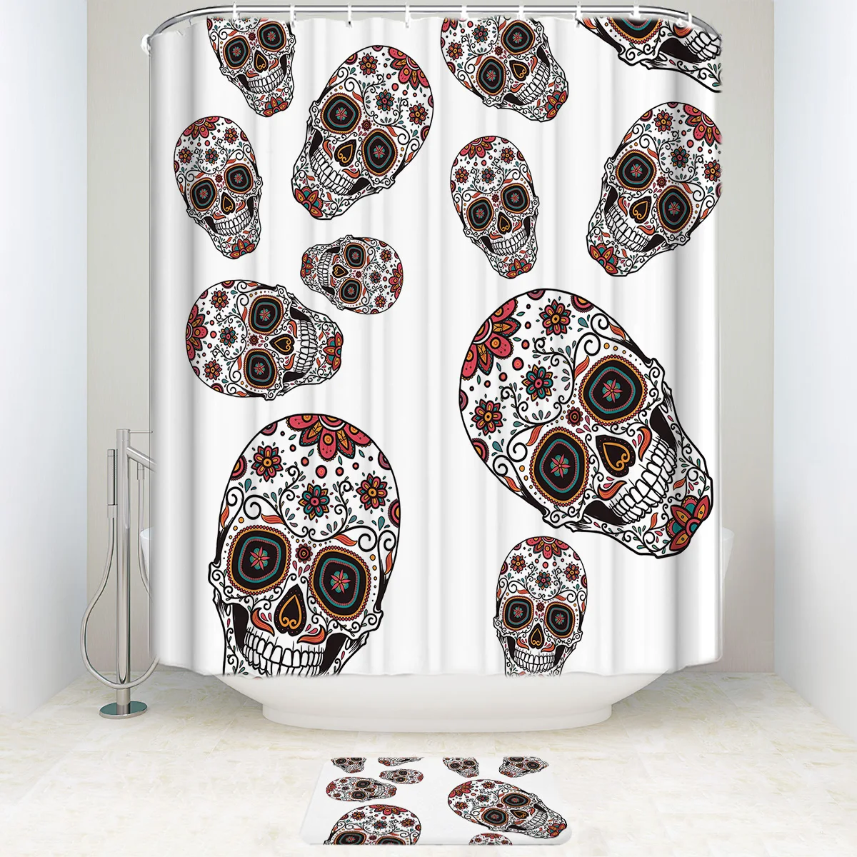 

skull Printing shower curtain Waterproof Polyester Fabricand mat Soft Bathroom Set
