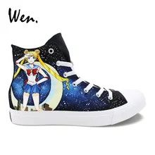 Wen/универсальная черная обувь; парусиновая обувь с ручной росписью; женские повседневные кроссовки с высоким берцем из аниме «Сейлор Мун»; плимсоллы для девочек