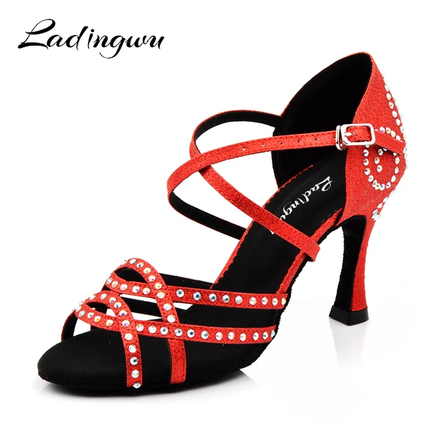 Ladingwu Baile Mujer Latino Red Shoes Woman Latin Shoes Glitter Rhinestone Salsa Ballroom Dance Shoes 9cm - Dance Shoes - AliExpress