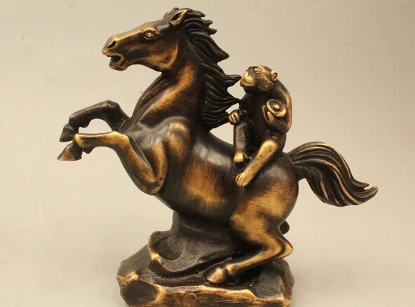 

free 7" Chinese Folk Feng Shui Bronze Wealth Monkey Hand Yuan Bao Ride Horse Statue fast