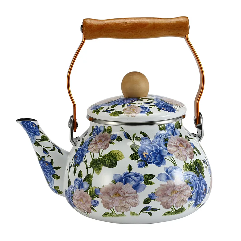 

1.5L Korea Style kettle Portable Enamel Tea pot Can Be Used On Electromagnetic Oven Or Natural Gas With Wooden Handle