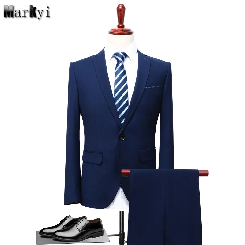 

MarKyi 2017 fashion solid mens suits with pants plus size 5xl single button interview suit slim fit men business suit