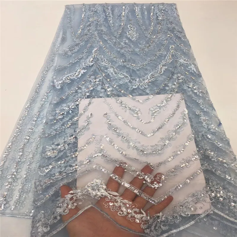 

Blue African Beads French Tulle Lace Fabric High Quality Dubai Embroidery Lace Nigerian French Cord Lace With Sequin F1484