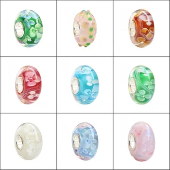 

925 Sterling Silver Large Hole Colorful Flowers Murano Glass European Charm Beads Fit European Bracelet Jewelry