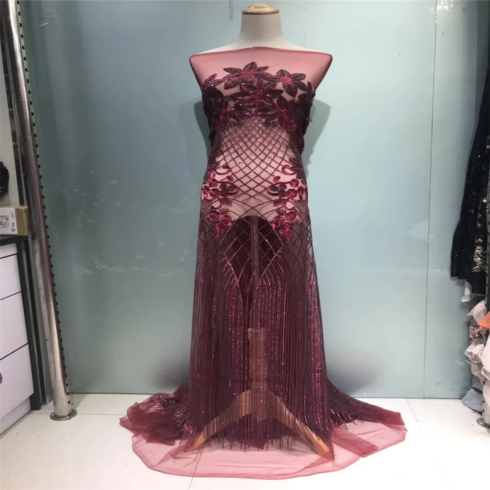 

African lace fabric wine red sequin fabric high quality tulle lace mesh lace for party dresses 5yard/lot HJ112-2