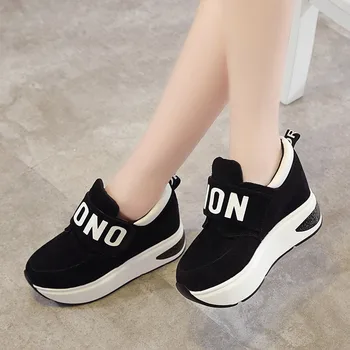 

Female Slip On Spring Black Red Sneakers Platform Hook Loop Increased Internal High Heels Wedges Women Fashion Comfort Casual