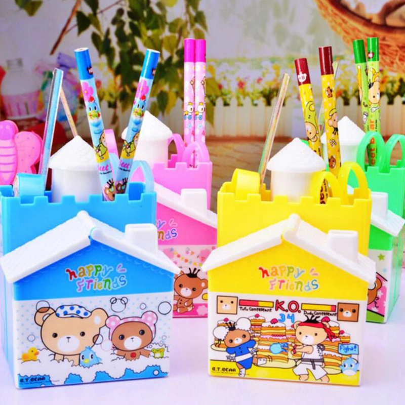 

2 Sets/Lot Happy Friends Cartoon Stationery Set Multifunction Christmas Gift Pencil Ruler Sharpener Kids Student Supplies