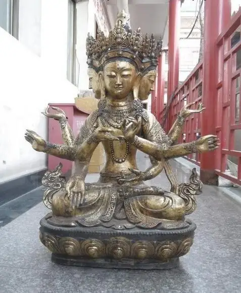 

32" China Tibet bronze gild 4 face 8 armed buddha sculpture statue