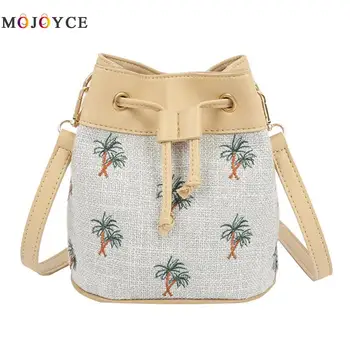 

Coconut Tree Embroidery Bucket Bags Ladies Handbags Canvas Leather Patchwork Shoulder Crossbody Bag for Women
