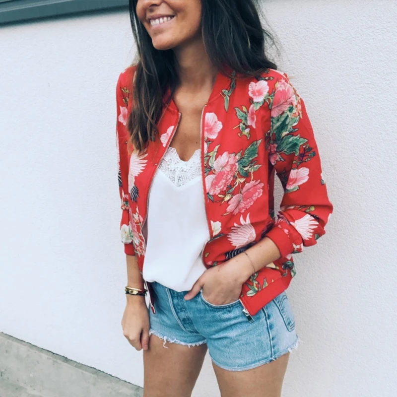 

Womens Vintage Floral Zipper Up Bomber Jacket Autumn Slim Coat Long Sleeve Basic abrigos mujer invierno sexy party parka
