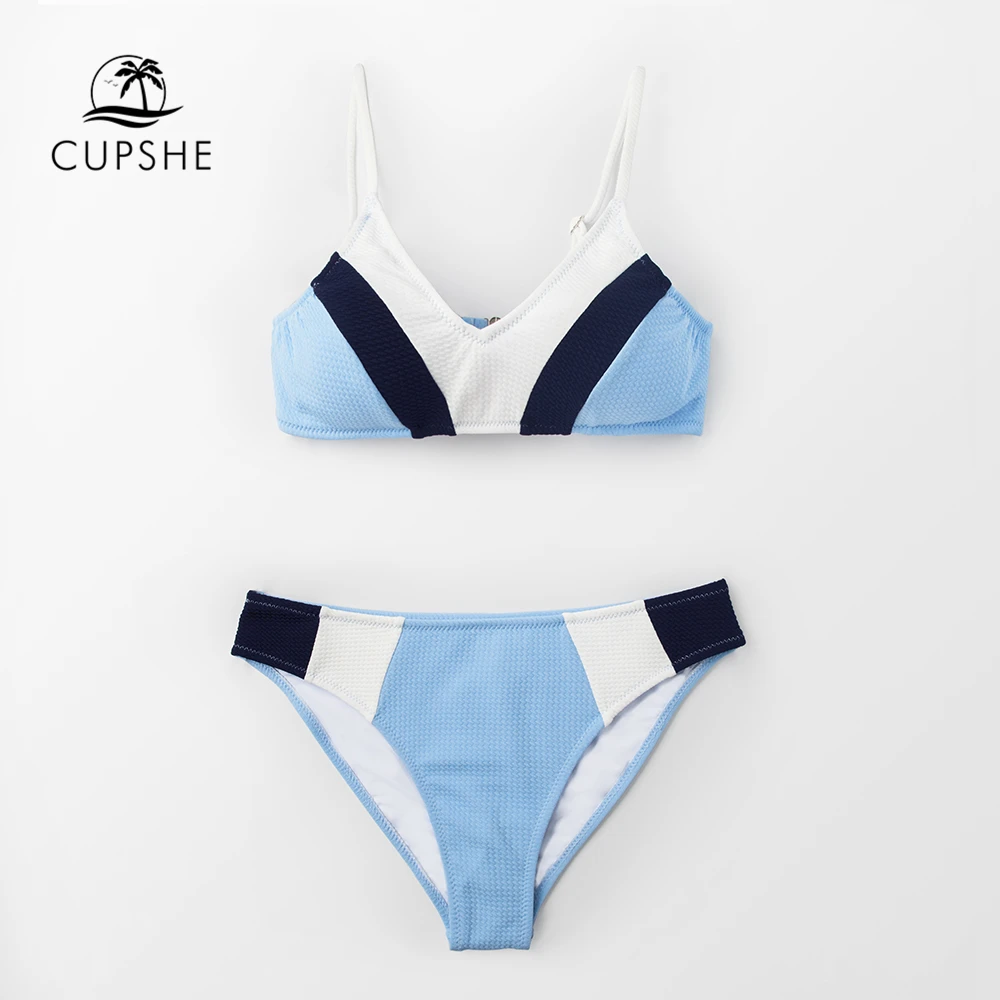 Online CUPSHE Sexy Blau Navy Und Weiß Farbe Block Bikini Sets Frauen Süße Zwei Stück Badeanzüge 2020 Mädchen Strand Badeanzüge