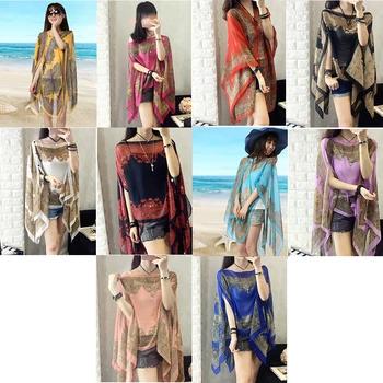 

2019 Women's Summer Beach Outdoor Sunscreen Soft V-neck Chiffon Shirt Female Autumn Windproof Scarf Slash Neck Print Blouse Tops