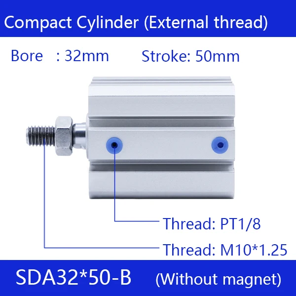 

SDA32*50-B, 32mm Bore 50mm Stroke External thread Compact Air Cylinders Dual Action Air Pneumatic Cylinder