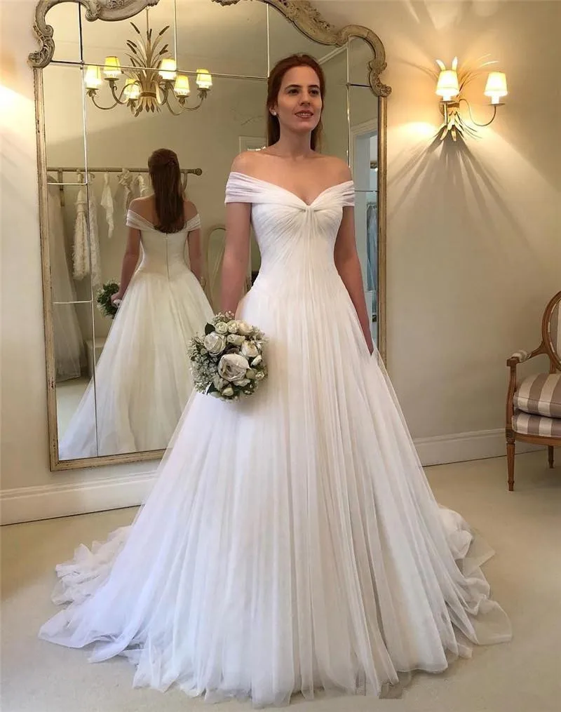 

2019 Simple Wedding Dresses Off Shoulder Pleated Tulle A Line Zipper Back Floor Length Elegant Bridal Gown Vestido De Novia