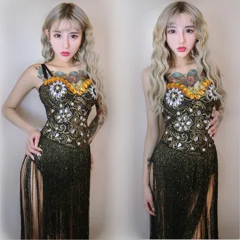 

Big Stones Jazz Dance Outfits Night Club Sexy Ladies Stage Show Sleeveless Vintage Crystals Tassel Rompers Costume