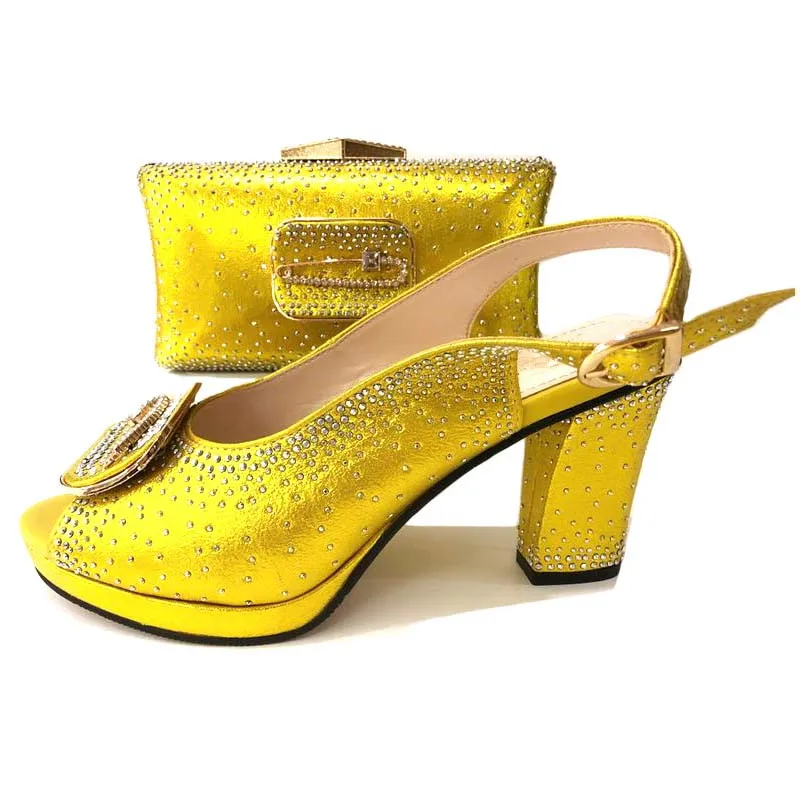 

Hot sale yellow women pumps and bag with rhinestone african shoes match handbag set for dress V33664