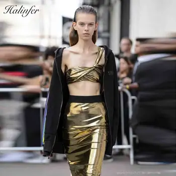 

2018 New Fashion 2 piece set women sexy One-Shoulder Strapless Gold Homecoming Party Ankle-Length Dress