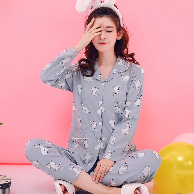 Cotton Material Pajamas For Women Long Sleeve Sleepwear Suit 2 piece