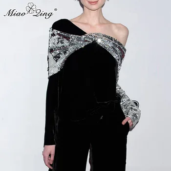 

MIAOQING Spring Long Sleeve shirt women Sexy Off The Shoulder Tops Patchwork Silver Sequins Velvet T-shirt Black Ladies Clothes
