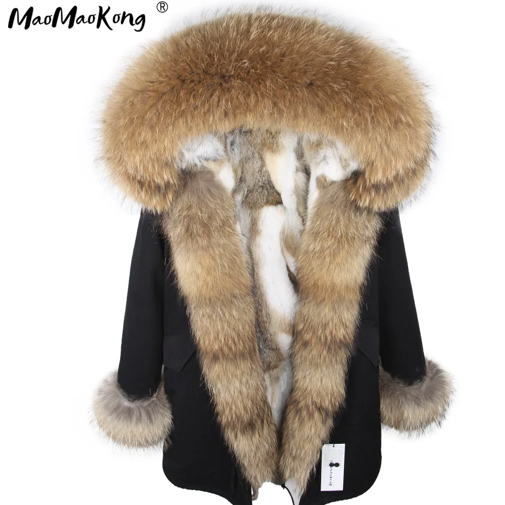 

Fashion women's rabbit fur lining hooded long coat parkas outwear army green Large raccoon fur collar winter jacket DHL