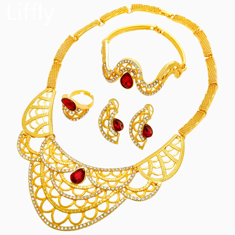 

Indian Bridal 18K Gold Jewelry Sets Red Necklace Ring Earrings for Women Italian Luxury Wedding Gift Handmade Jewelry