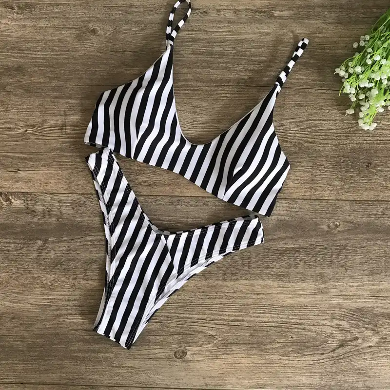 black and white striped swimsuit 2 piece