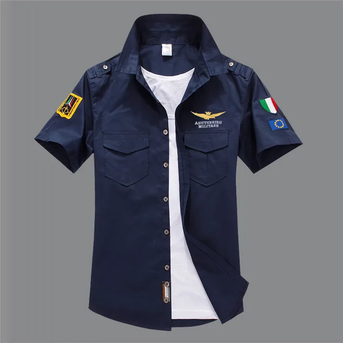 Men Casual Cotton Military Style Short Sleeve Slim Shirt Lapel Button Shirt Fashion Clothing Comfort Plus Size 4XL 5XL 6XL,12001 - Цвет: 12002 dark blue