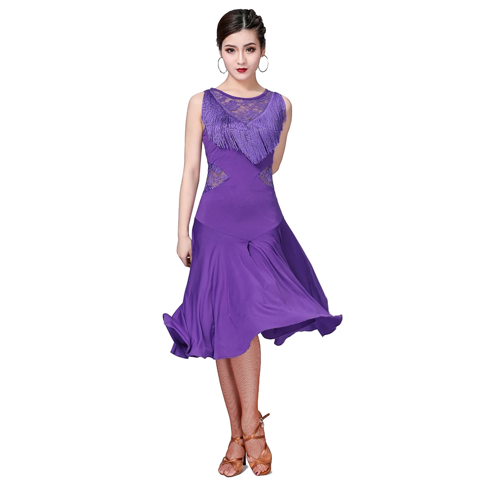 

New Women Dance Clothes Salsa Samba Wear Front Fringes Class Dress Sleeveless Spandex Lace Irregular One-piece Latin Dresses