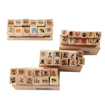 

12 Pcs/set New Cartoon Pattern Wooden Stamp Set Happy Life Love & Travel Dairy Wooden Rubber Stamp