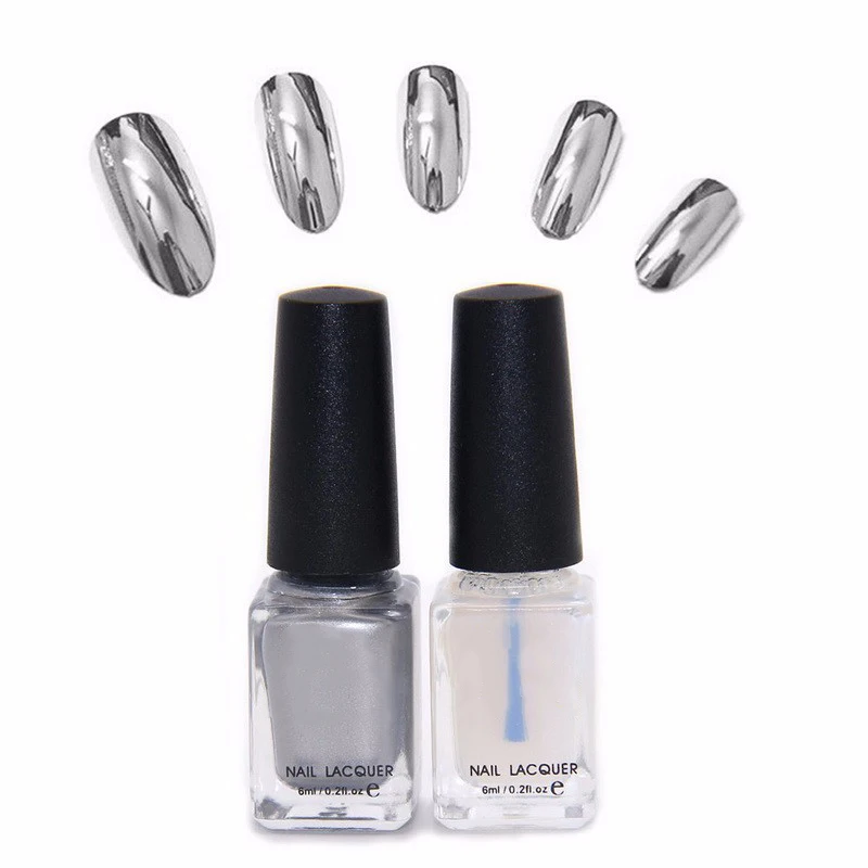 

2pc/lot Behind Silver Mirror Effect Metal Nail Polish Varnish Base Coat Metallic Nails Art Tips DIY Manicure Design Peelable 6ml