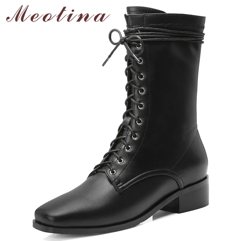 

Meotina Real Leather Boots Women Natural Genuine Leather Thick Heels Mid Calf Boots Zipper Square Toe Shoes Ladies Autumn 34-39