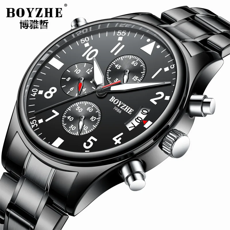 

male clocks BOYZHE brand mens watches stainless steel quartz waterproof man wristwatch Multifunction business men watches