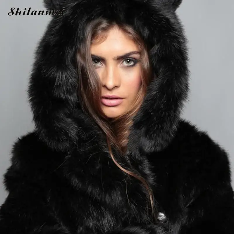 d Manteau Survêtement 4 Dessinée A Hiver 2017 Faux c Longue b Couleurs L'oreille De Coiffe Veste Mode Bande Avec Nouvelle Style Femmes Section Renard Fourrure ASwFq