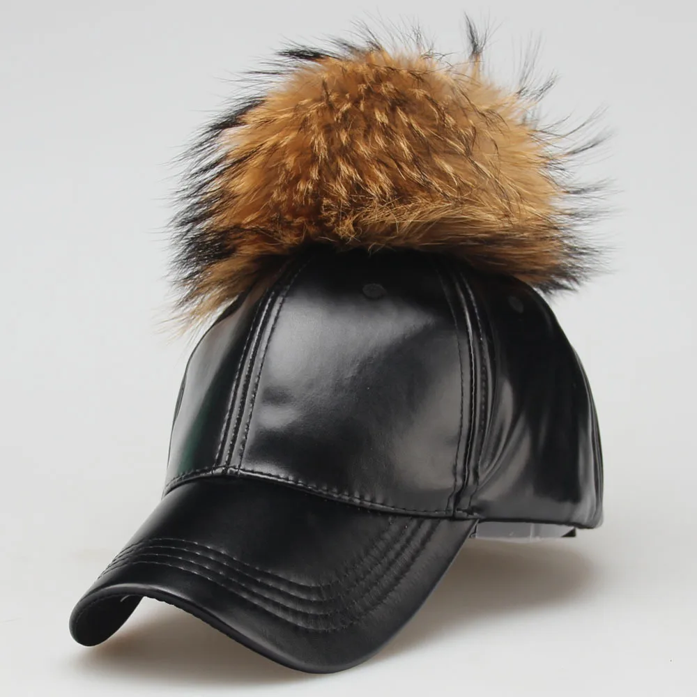 Женская теплая бейсбольная Кепка из искусственной кожи 15 см настоящий помпон из меха енота шапки Хип Хоп Бейсболка с колпаком зимние шапки для женщин - Цвет: style2 black