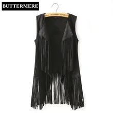 BUTTERMERE Brand Clothing Fringe Suede Vest Women Faux Leather Sleeveless Jacket Tassel Ethnic Waistcoat Black Brown Chalecos