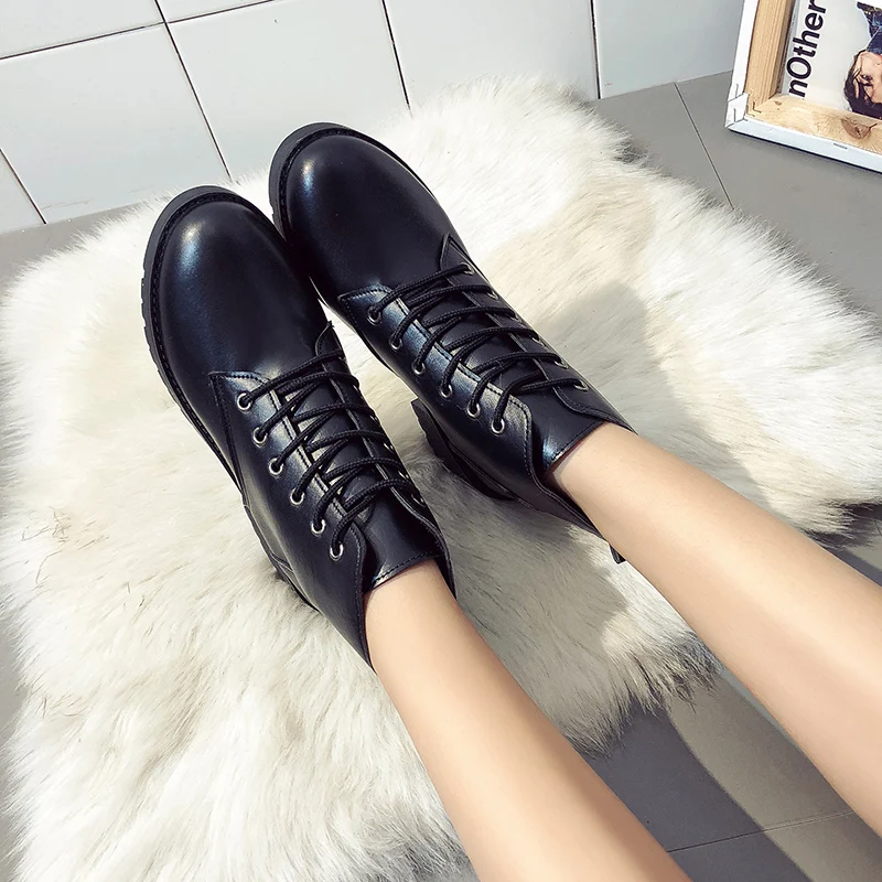 

2018 Winter New Fashion Women Shoes Youths Casual Lace Up Leather Heels Spring Autumn Girls Black Ankle Shoes zapatos de mujer