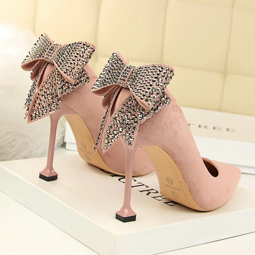 

BIGTREE Luxury Brand Women 10cm Thin High Heels Crystal Pumps Pointed Toe Rhinestone High Heels Style Scarpins Lady Pink Shoes