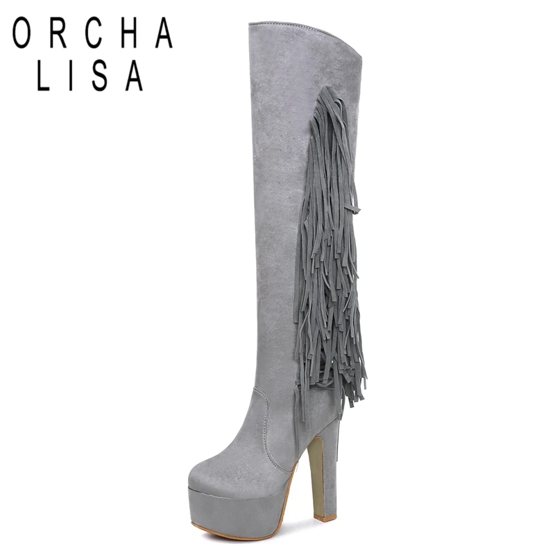 

ORCHA LISA Ladies Big size 34-46 knee high boots Fringe Zipper Fashion boots Super high heels botas for woman Cool Mujer C584