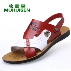 Muhuisen/летние пляжные сандалии; модные Молодежные мужские сандалии; качественные кожаные мужские повседневные сандалии-шлепанцы; модная
