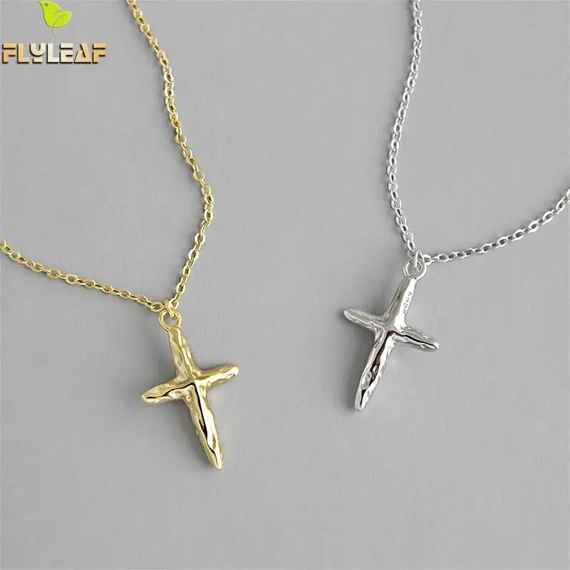 

Flyleaf Ins Gold Irregular Concave Cross Necklaces & Pendants Real 925 Sterling Silver Necklace For Women Fashion Fine Jewelry