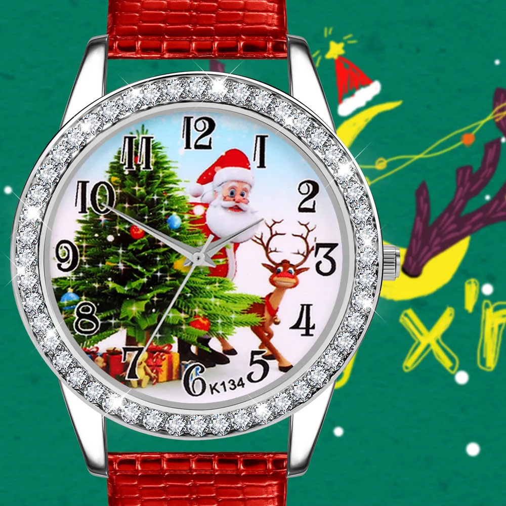 

Christmas Watch For Women's Men's Kids Gift Diamond Leather Band Analog Quartz Vogue Wrist Watches Hot Sale Reloj Mujer Clock W