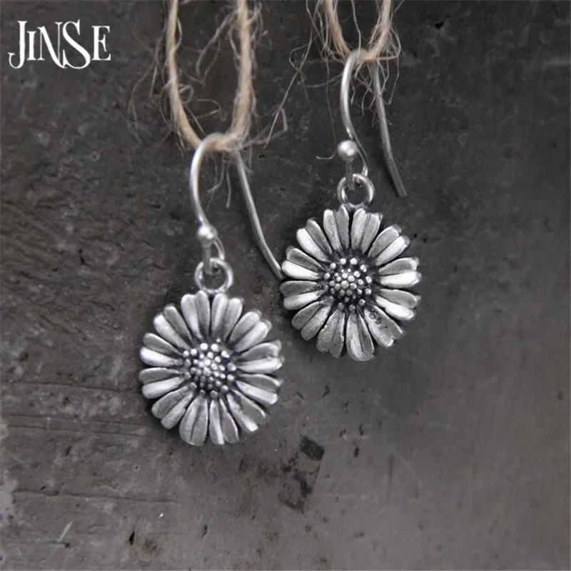 

JINSE 925 Sterling Silver Vintage Sunflowers Dangle Earrings for Women Elegant Handmade Drop Earring Jewelry 14mm