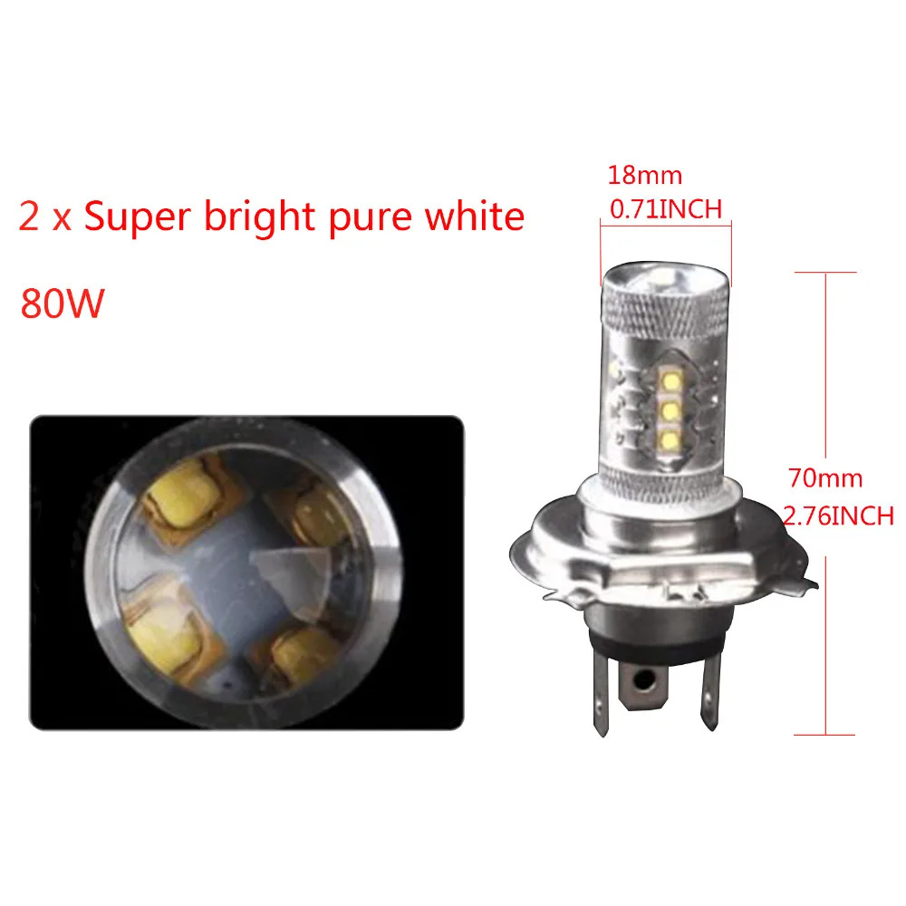 

High Quality 2pcs 80W H4 Led Headlight Bulbs White H4 9003 HB2 LED Fog Light Bulb 1500LM High Low Beam Headlight 6000K