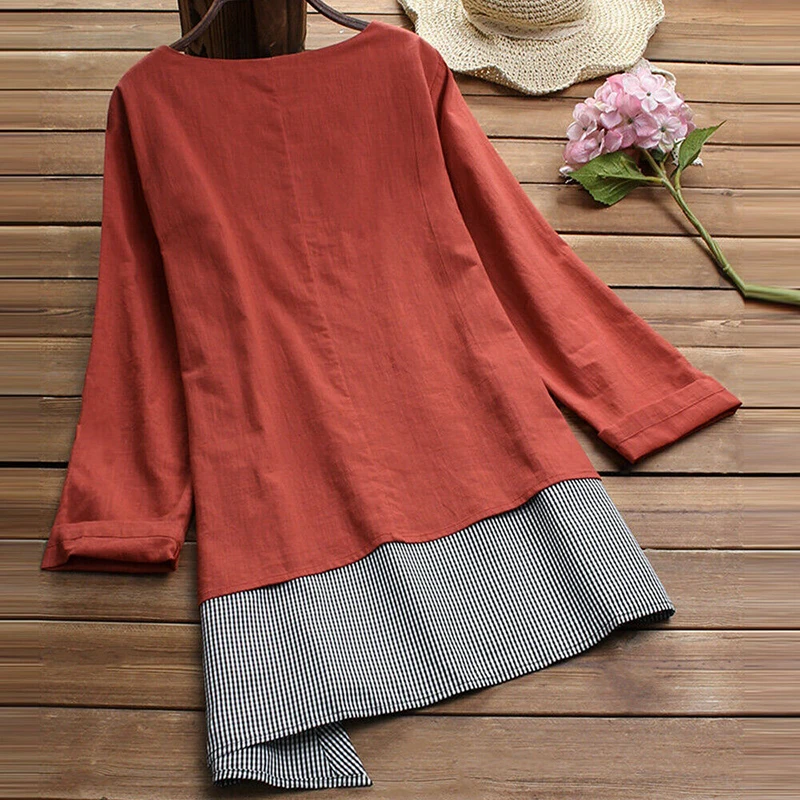 Linen Fake Two Pieces Shirt Dress Woman Casual Long Sleeve Dresses Lady Irregular Pullovers Dress Women Plus Size Blouse Dresses