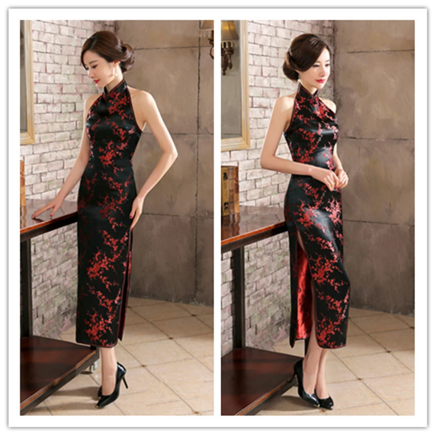Китайская традиционная Для женщин Cheongsam сатиновое платье-Ципао в китайском стиле Стиль платье с лямкой на шее, для вечеринок, с вырезом на спинке, облегающее китайское свадебное Ципао Vestido - Цвет: Color11