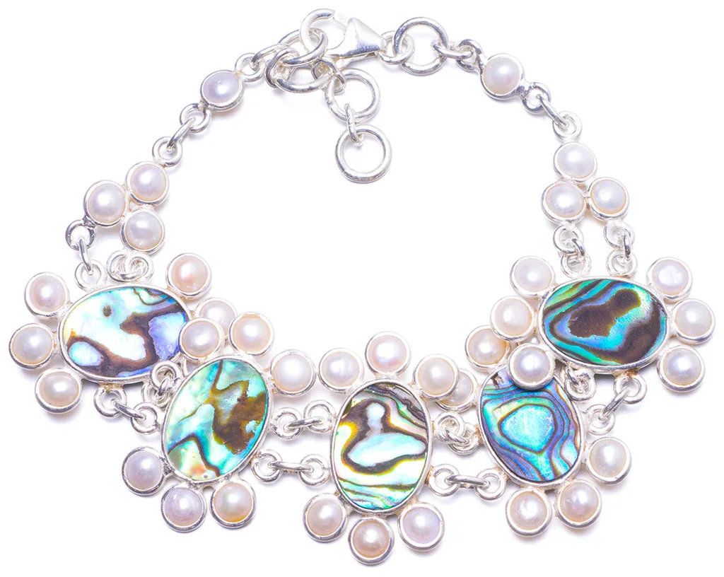 

Natural Abalone Shell and River Pearl Handmade Unique 925 Sterling Silver Bracelet 7 1/4-8 1/4" Y1342