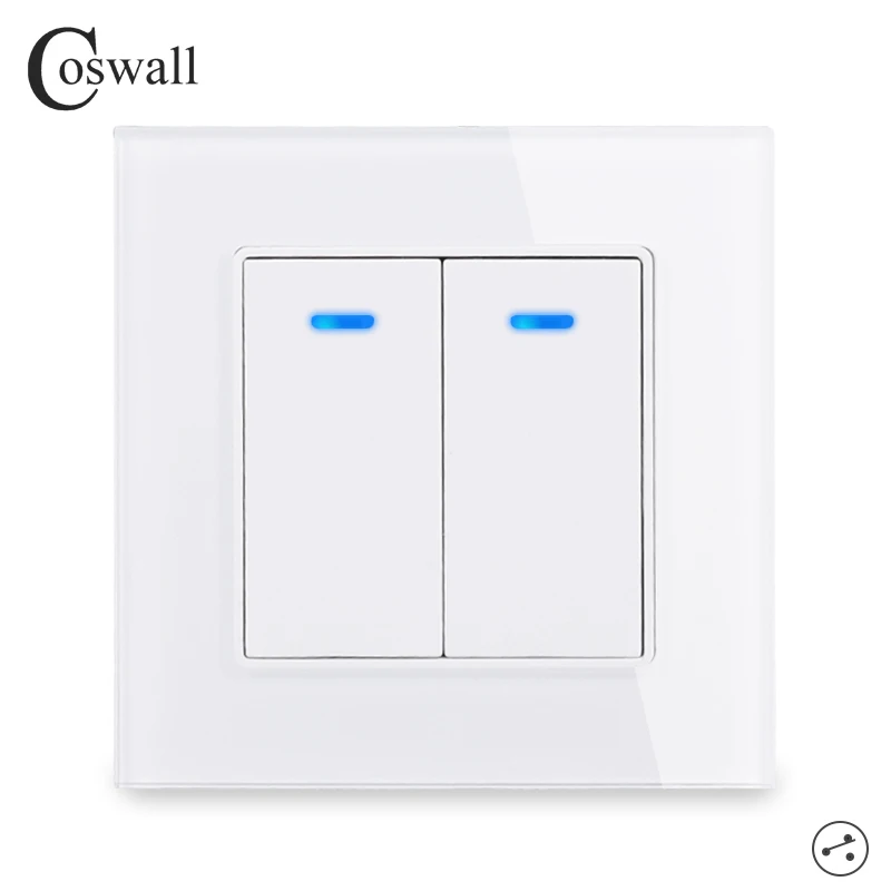 Coswall Crystal Glass Panel 2 Gang Way Pass Through On / Off Light Switch Stair Wall Switched With LED Indicator 16A | Обустройство
