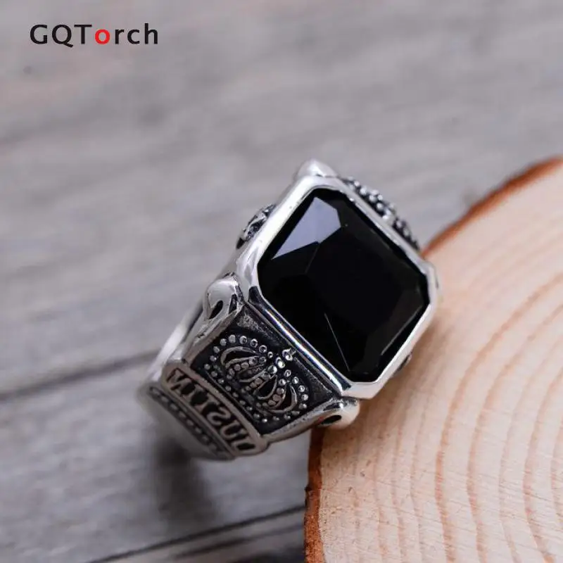 

100% Real Pure 925 Sterling Silver Black Onyx Rings For Men Retro Hexagram Crown Engraved Square Natural Stone Jewelry